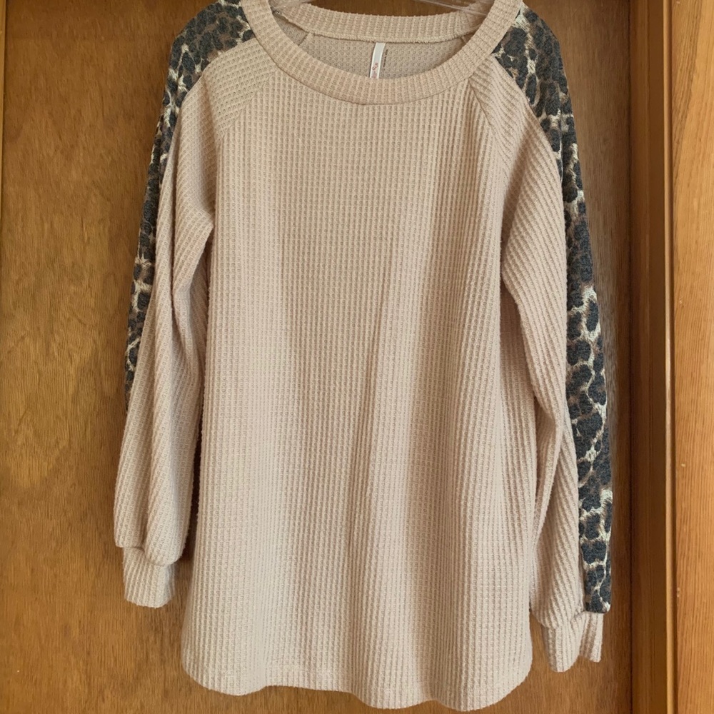 Long Sleeve Waffle with Leopard trim Top